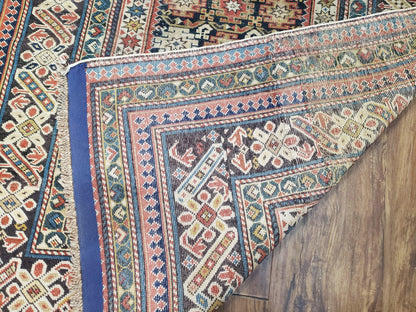 Caucasian Rug Hand Knotted 3 Ft 9 In By 5 Ft 7 In Antique 1920s Chi Chi Carpet Wool Colorful Dark Blue Cream Red