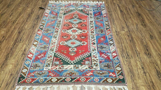 Handmade Turkish Shirvan Kazak Wool Rug 4x6 Colorful Vintage Style