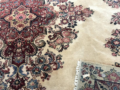 Persian Sarouk Rug 9x12 Ivory and Blue Hand Knotted Antique 1920s Semi Open Field Medallion