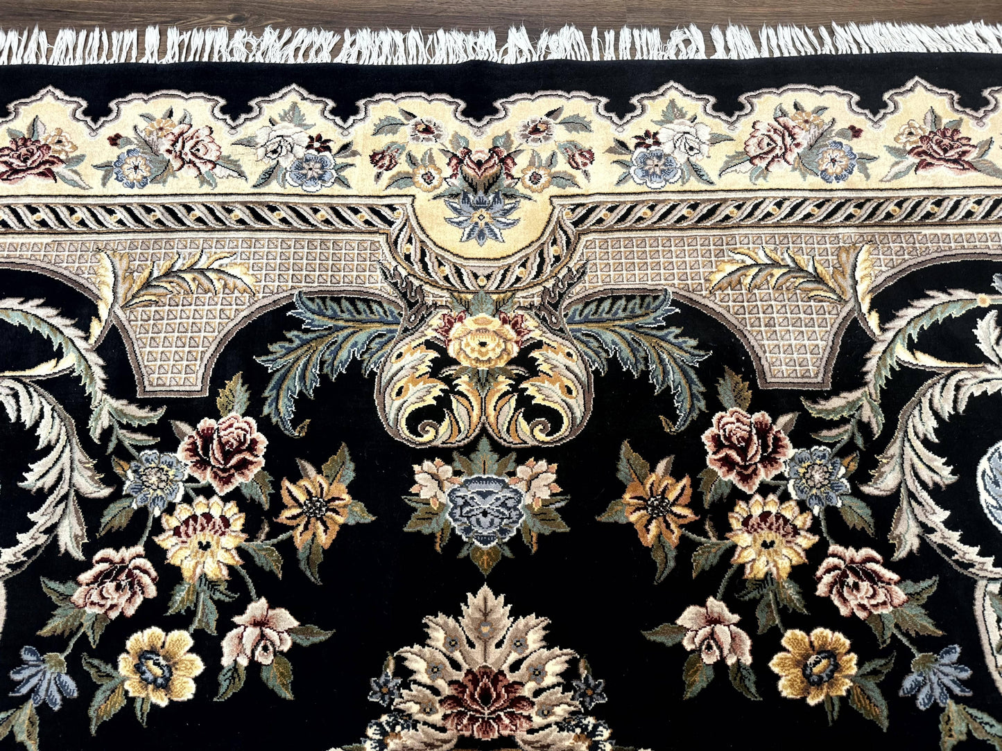 Aubusson Rug 9x12 Black And Beige Floral Elegant Handmade Carpet