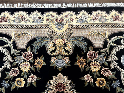 Aubusson Rug 9x12 Black And Beige Floral Elegant Handmade Carpet