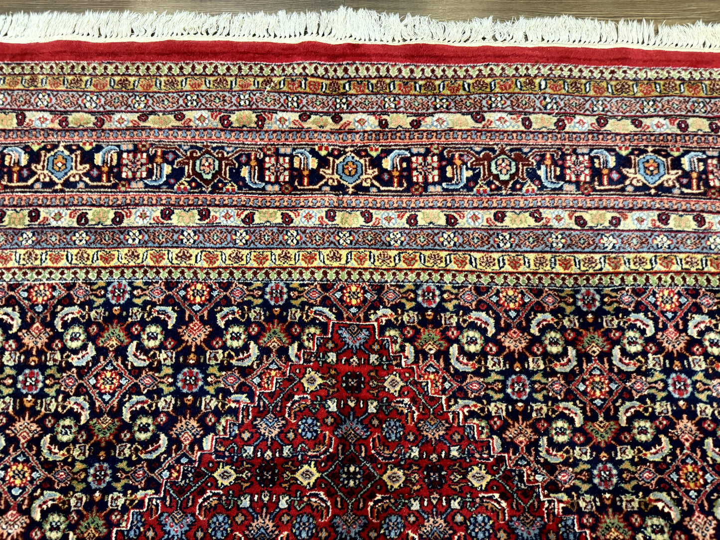 Indo Persian Bidjar Rug 10x14 Red And Dark Blue Herati Mahi Pattern Vintage