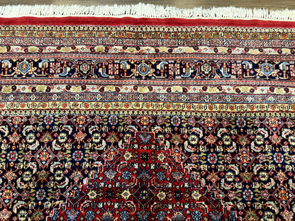 Indo Persian Bidjar Rug 10x14 Red And Dark Blue Herati Mahi Pattern Vintage