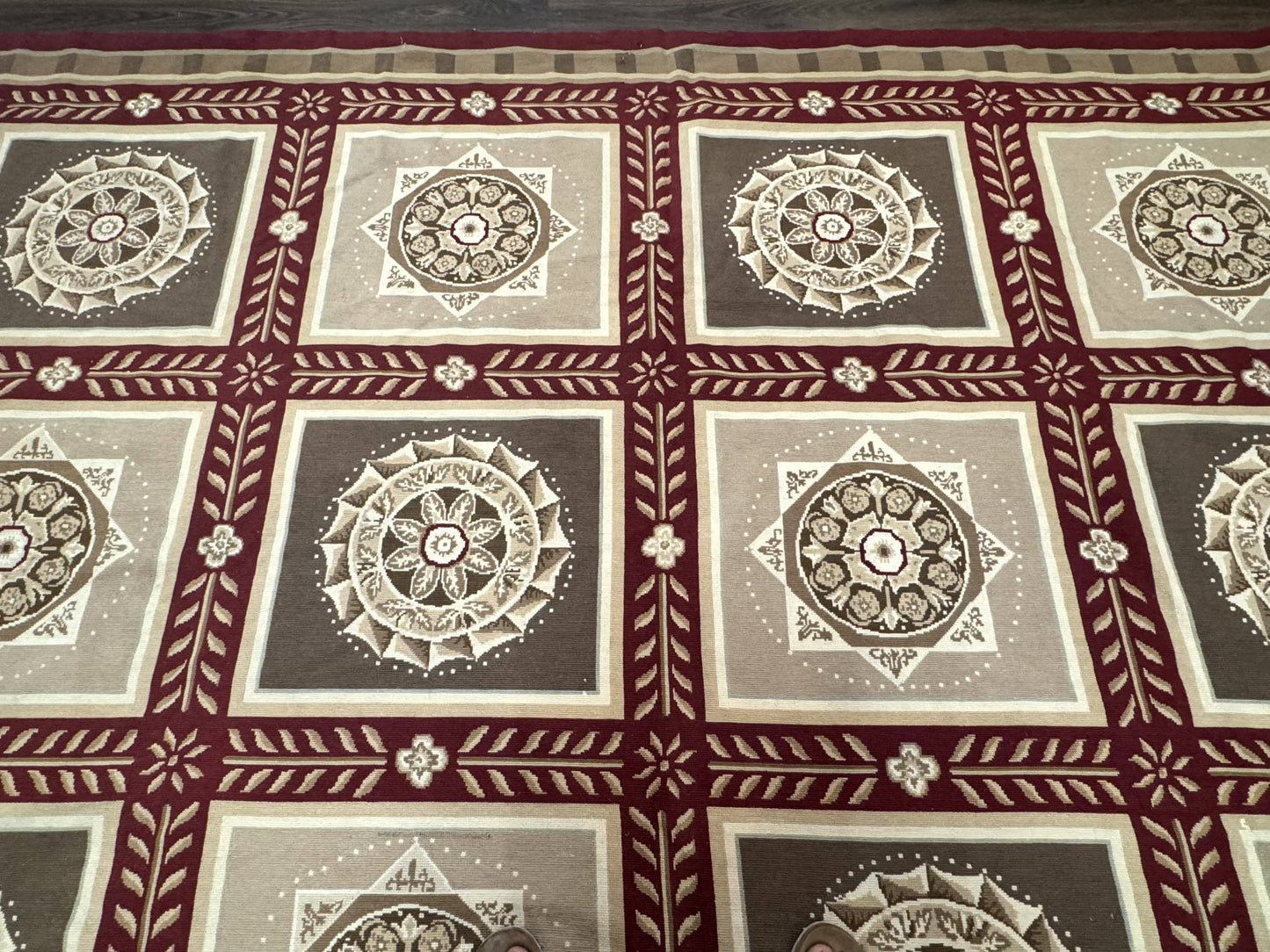 Needlepoint Rug 9x12, Panel Design, Burgundy Taupe, Elegant