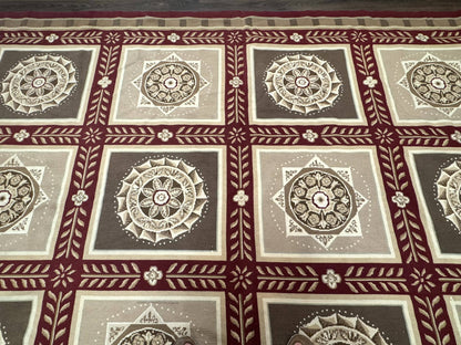 Needlepoint Rug 9x12, Panel Design, Burgundy Taupe, Elegant