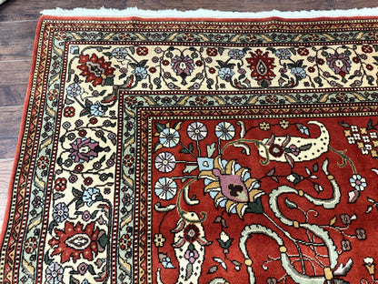 Romanian Rug 10x13, Vintage Handmade Wool Carpet, Floral Pattern, Birds, Red and Cream, Signed By Masterweaver, Persian Rug