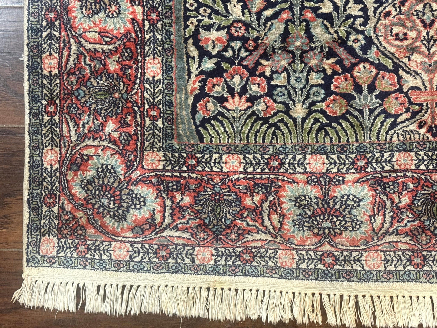 Kashmiri Silk Rug 4x6 Tree Of Life Birds Handmade Navy Red Oriental Carpet