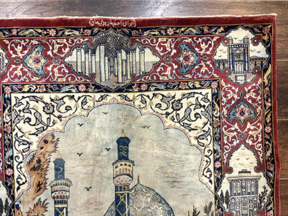 Persian Isfahan Pictorial Rug 3.6 x 5.7, Very Fine 400 KPSI, Historical Buildings, Signed By Masterweaver, Handmade