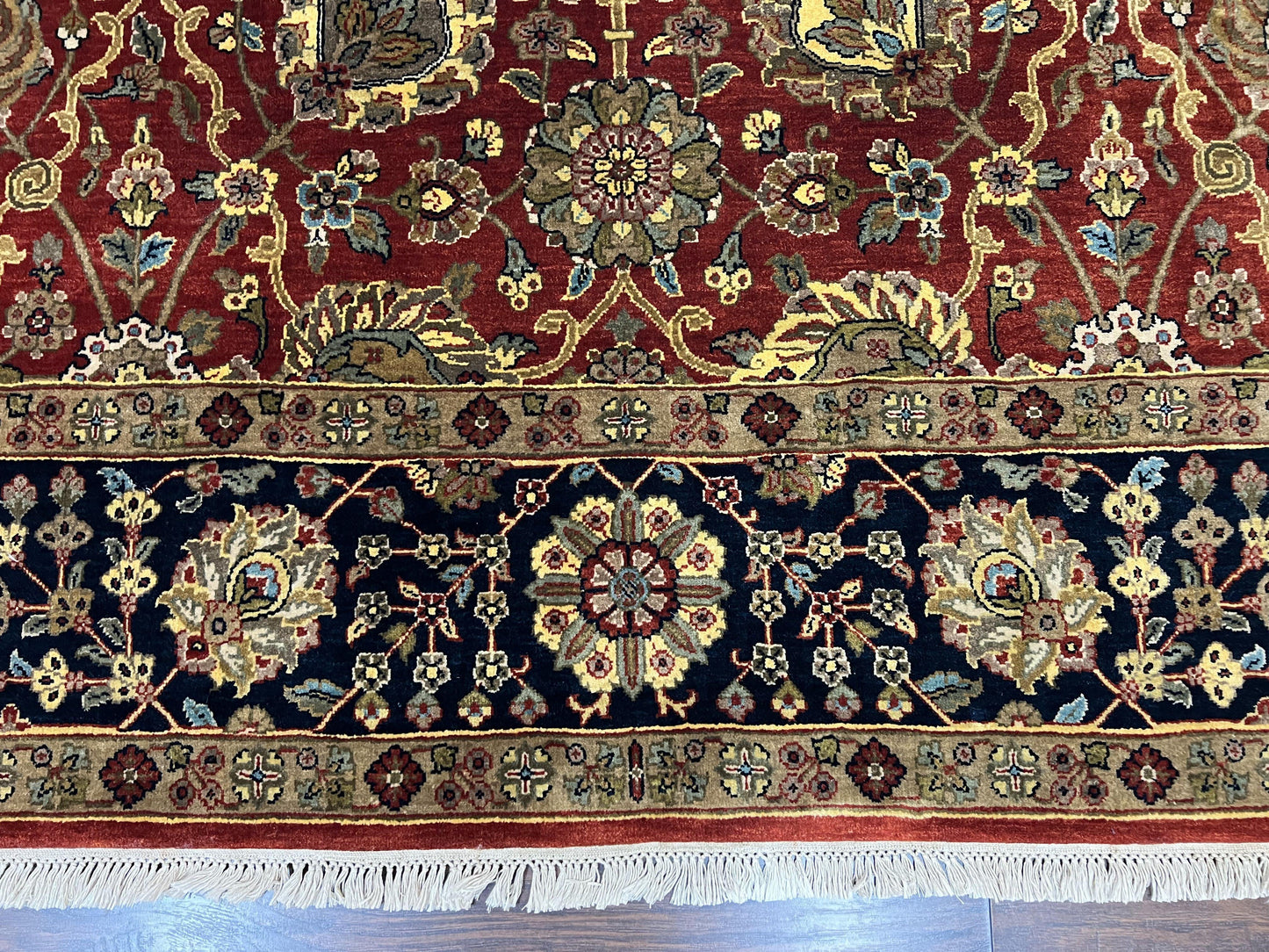Indo Persian Rug 9x12, Hand Knotted Traditional Indian Wool Oriental Carpet 9 x 12 ft, Maroon and Navy Blue, Floral Allover 9x12 Vintage Rug