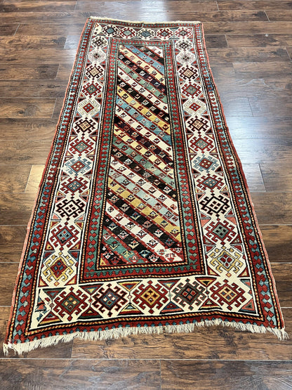 Caucasian Kazak Runner Rug 3.6 x 8, Wool Hand Knotted Antique 1880s Carpet, Ivory & Multicolor Stripes Oriental Runner Rug, Hallway Rug