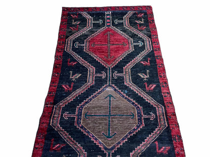 Handmade Wool Tribal Runner Rug 3X7 Geometric Boho Red Blue Organic Dyes