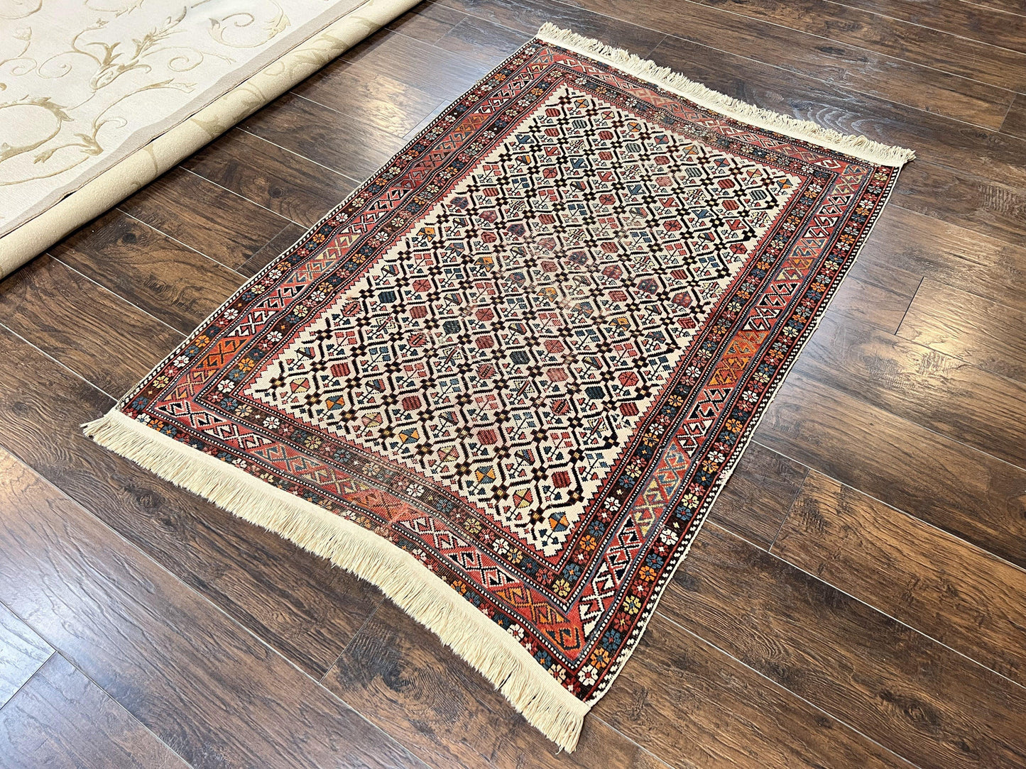 Antique Caucasian Shirvan Rug 4x5 Hand Knotted Wool Oriental Carpet Ivory Red Allover Pattern
