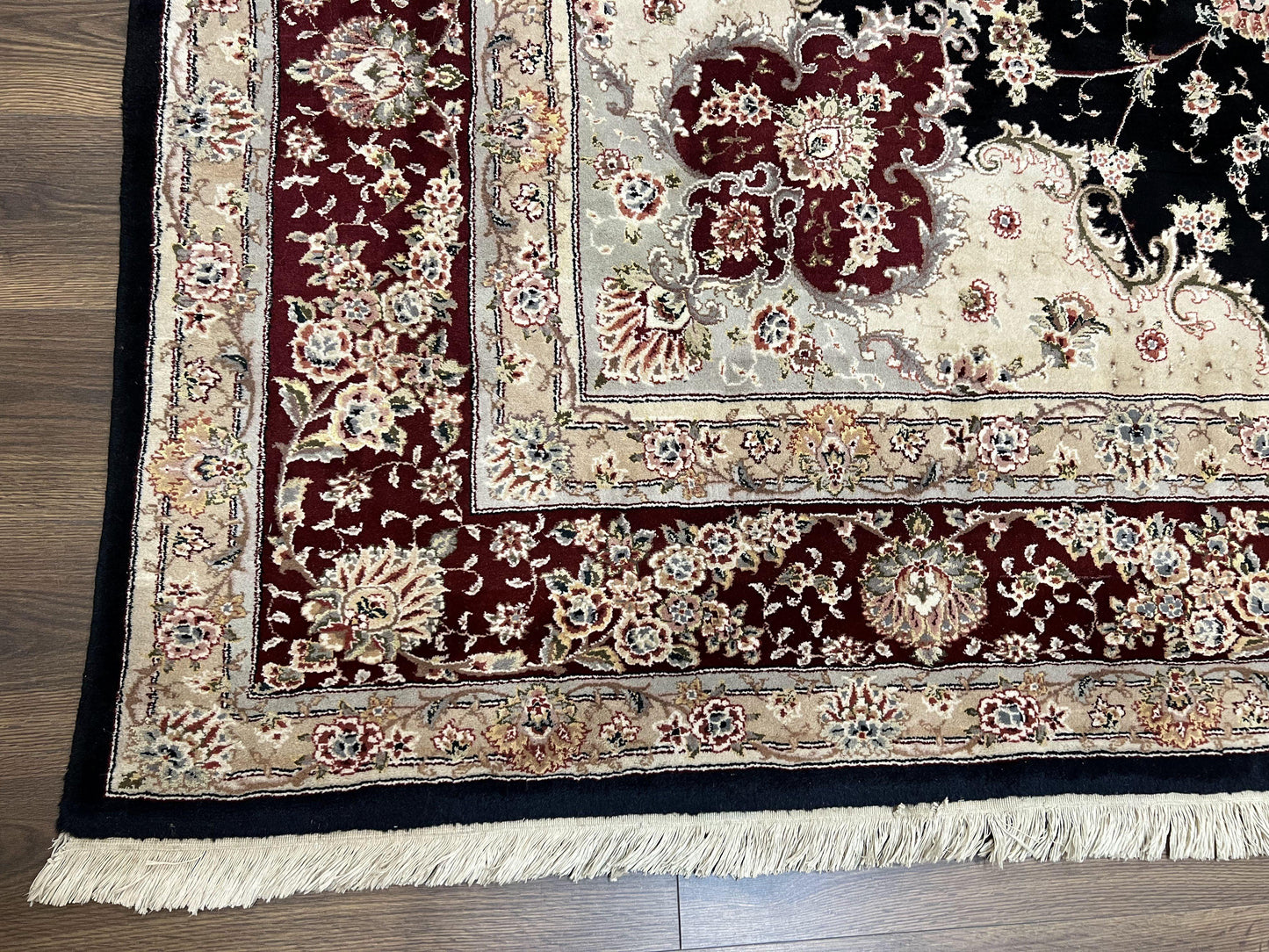 Pak Persian Rug 8.8 x 10.6, Floral Medallion, Wool and Silk Hand Knotted Fine Oriental Carpet, Elegant Rug, Black Gray Burgundy, Room Sized