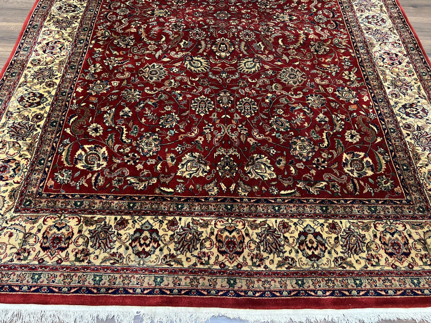 Vintage Indo Persian Rug 6x9, Very Finely Hand-Knotted Carpet 6 x 9 Red Cream Indian Oriental Carpet, Traditional Floral Wool Area Rug 1970s