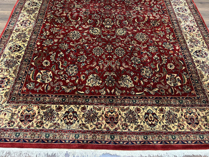 Vintage Indo Persian Rug 6x9, Very Finely Hand-Knotted Carpet 6 x 9 Red Cream Indian Oriental Carpet, Traditional Floral Wool Area Rug 1970s