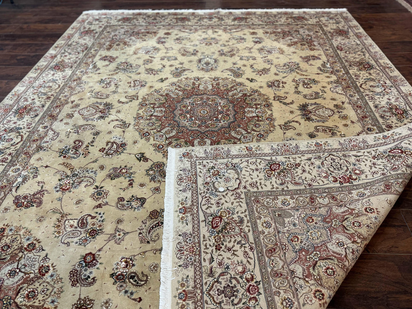 Sino Persian Rug 8x10, Wool and Silk Highlights, 290 KPSI, Floral Medallion