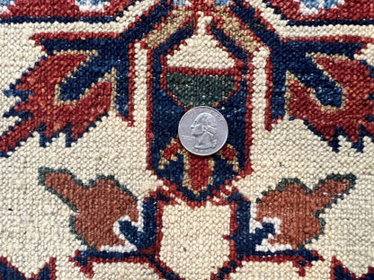 Afghan Heriz Runner Rug 2.9 x 12, Vintage Hand Knotted Persian Carpet for Hallway, 12ft Runner, Wool, Cream