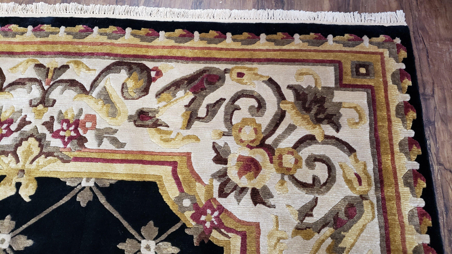 Aubusson Rug Hand Knotted Wool Nepalese 6x9 Black Cream Savonnerie Pattern