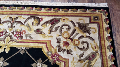 Aubusson Rug Hand Knotted Wool Nepalese 6x9 Black Cream Savonnerie Pattern