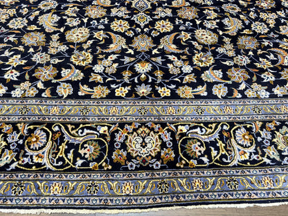 Wonderful Navy Blue Persian Kashan Rug 11x13, Allover Floral Design with Central Medallion, Wool Hand-Knotted Antique Carpet, Signed Rabani Rug