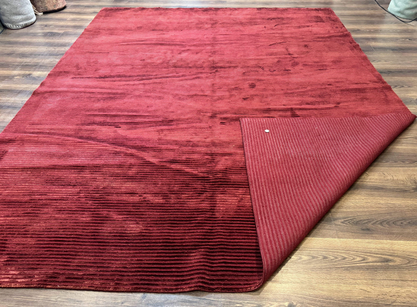 Handmade Tibetan Rug 8x10 Wool Stripe Red Thick Pile Carpet
