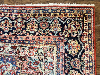 Persian Sarouk Rug 11x14, Semi Open Field, Large Antique Persian Wool Handmade Carpet, Red and Dark Blue, Floral
