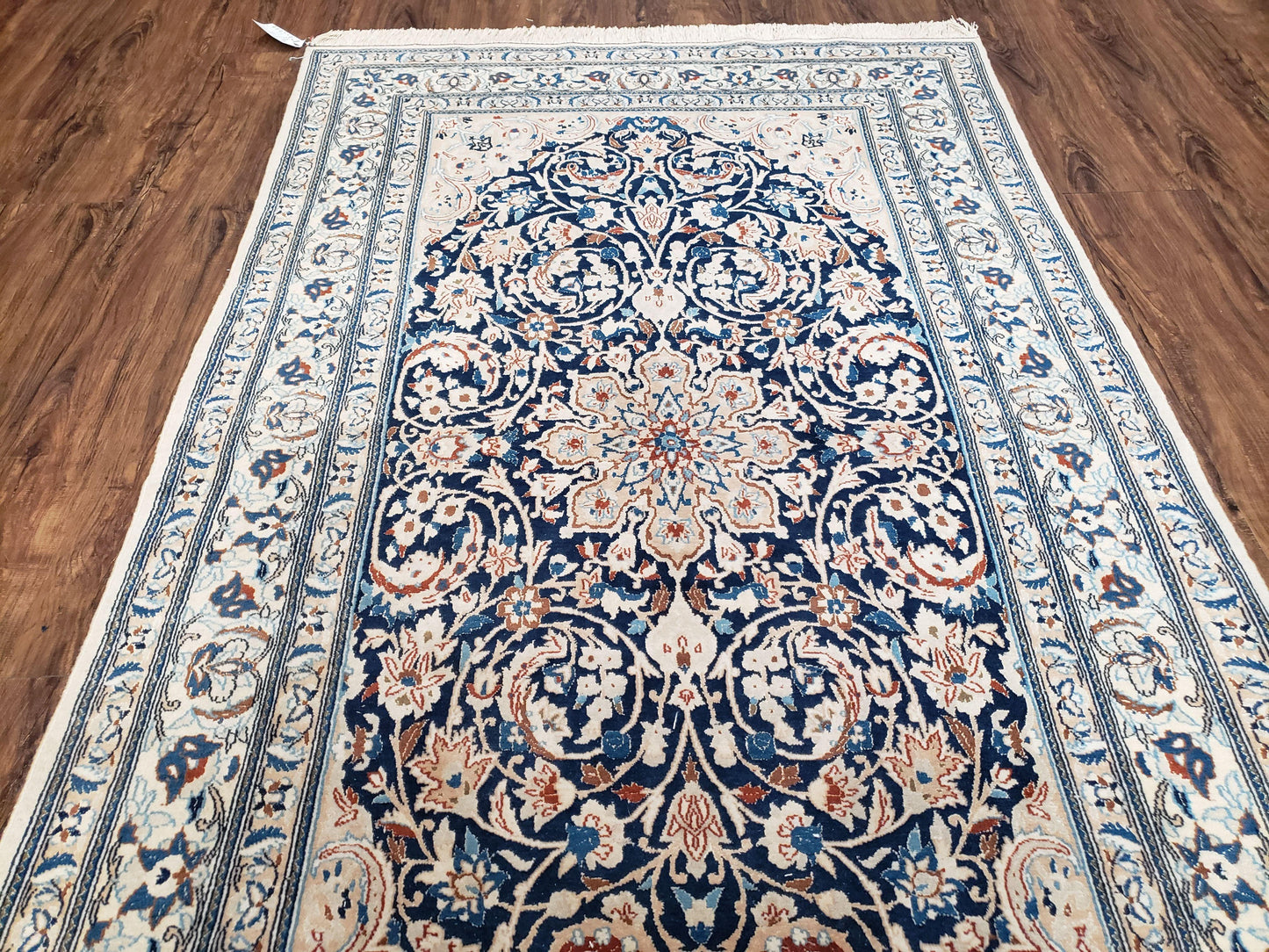 Semi Antique Persian Nain Rug Hand Knotted With Wool Silk Accents Ivory And Blue
