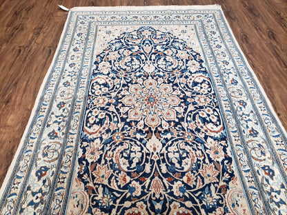 Semi Antique Persian Nain Rug Hand Knotted With Wool Silk Accents Ivory And Blue