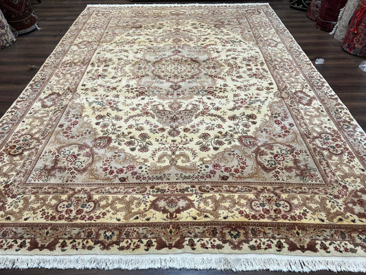 Vintage Sino Persian Rug 10x14, Room Sized Elegant Handmade Oriental Carpet 10 x 14, Floral Medallion Large Wool Rug with Silk Accents Beige