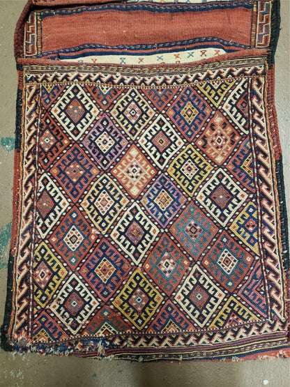 Antique Handmade Tribal Wool Rug 26x56 Inches Tobreh Double Bag Authentic