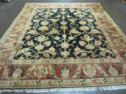 Handmade Pakistan Wool Rug 8x9 Peshawar Black Floral Design Cotton Blend