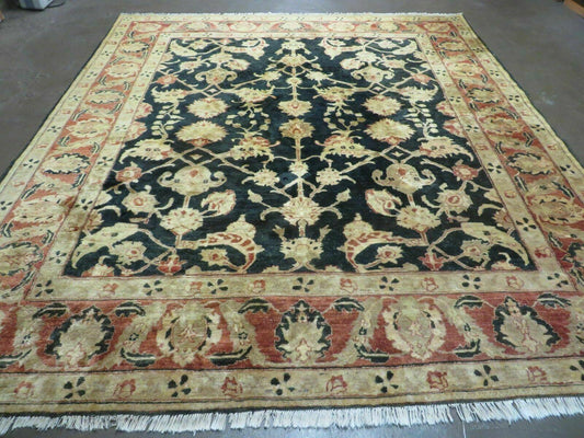 Handmade Pakistan Wool Rug 8x9 Peshawar Black Floral Design Cotton Blend
