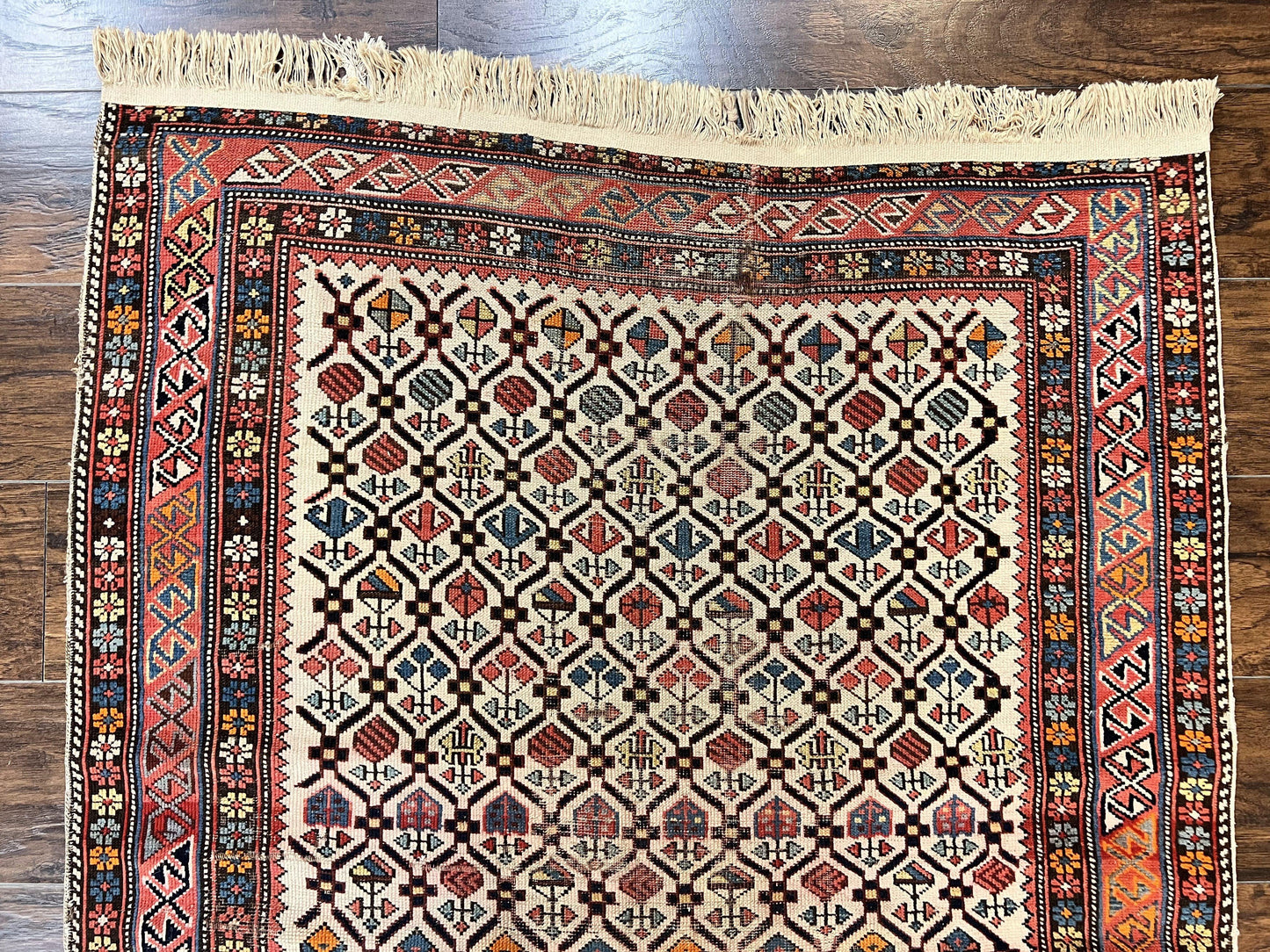 Antique Caucasian Shirvan Rug 4x5 Hand Knotted Wool Oriental Carpet Ivory Red Allover Pattern