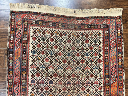 Antique Caucasian Shirvan Rug 4x5 Hand Knotted Wool Oriental Carpet Ivory Red Allover Pattern