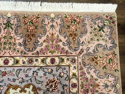 Persian Tabriz Rug 7x10 Very Fine 330 KPSI Kork Wool Silk Foundation With Bird Pictorials In Light Green Light Blue Pink