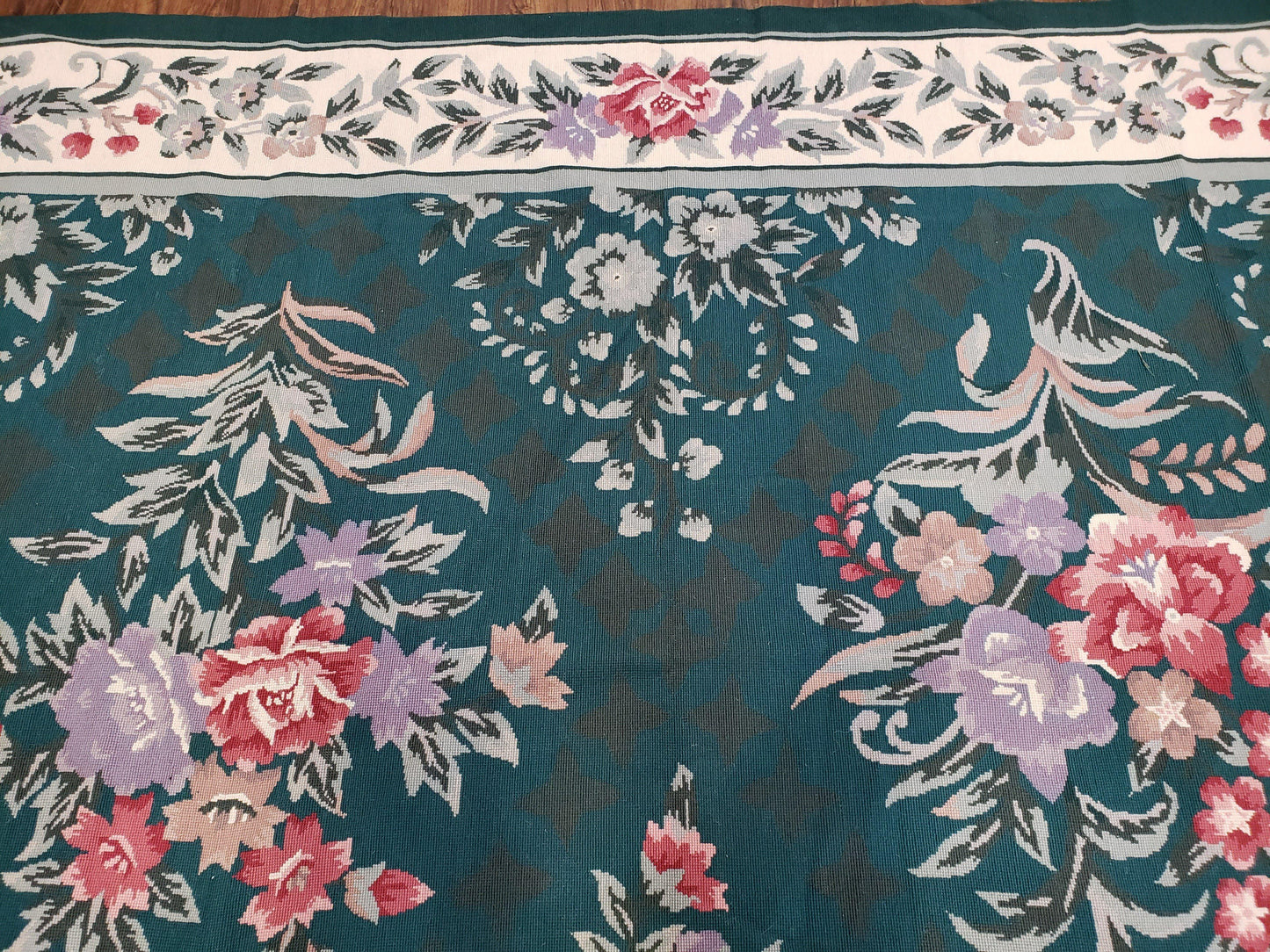 Chinese Needlepoint Rug 8x10 Vintage Green Handwoven Wool Carpet European Floral Living Room Rug