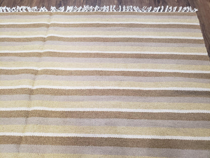 New Indian Striped Blanket, Multicolor Earthern Tones Kilim Rug, Wool Handmade South American Style Blanket, Queen Sized Bedspread 5x8 - 6x8