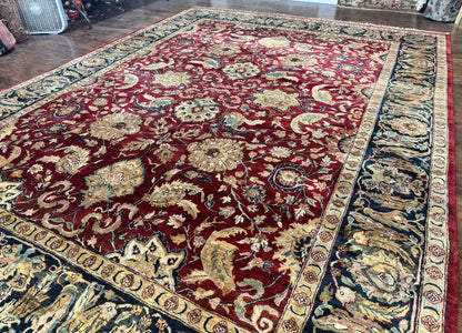 Indo Persian Rug 10x14 Vintage Handmade Wool Carpet Dark Red Navy Blue Beige