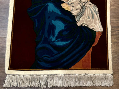 Small Persian Tabriz Pictorial Rug 2x2, Mother Holding Child, Very Fine 340 KPSI, Maroon