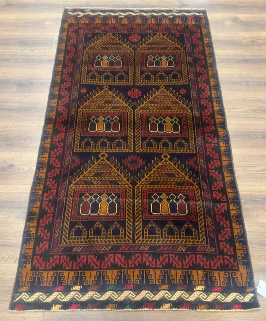 Afghan Balouch Rug Navy Blue 3x7 Handmade Hand Knotted Wool