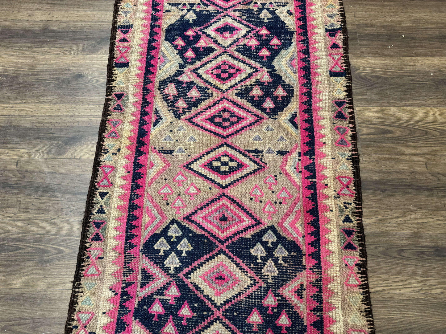 Turkish Runner Rug 3x10, Pink and Navy Blue, Bohemian Runner for Hallway or Kitchen, Vintage, Geometric, Tribal
