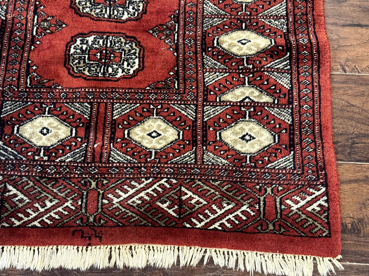Red Pakistani Turkoman Bokhara Rug 3x5 Vintage Hand Knotted Signed