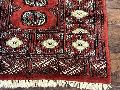 Red Pakistani Turkoman Bokhara Rug 3x5 Vintage Hand Knotted Signed