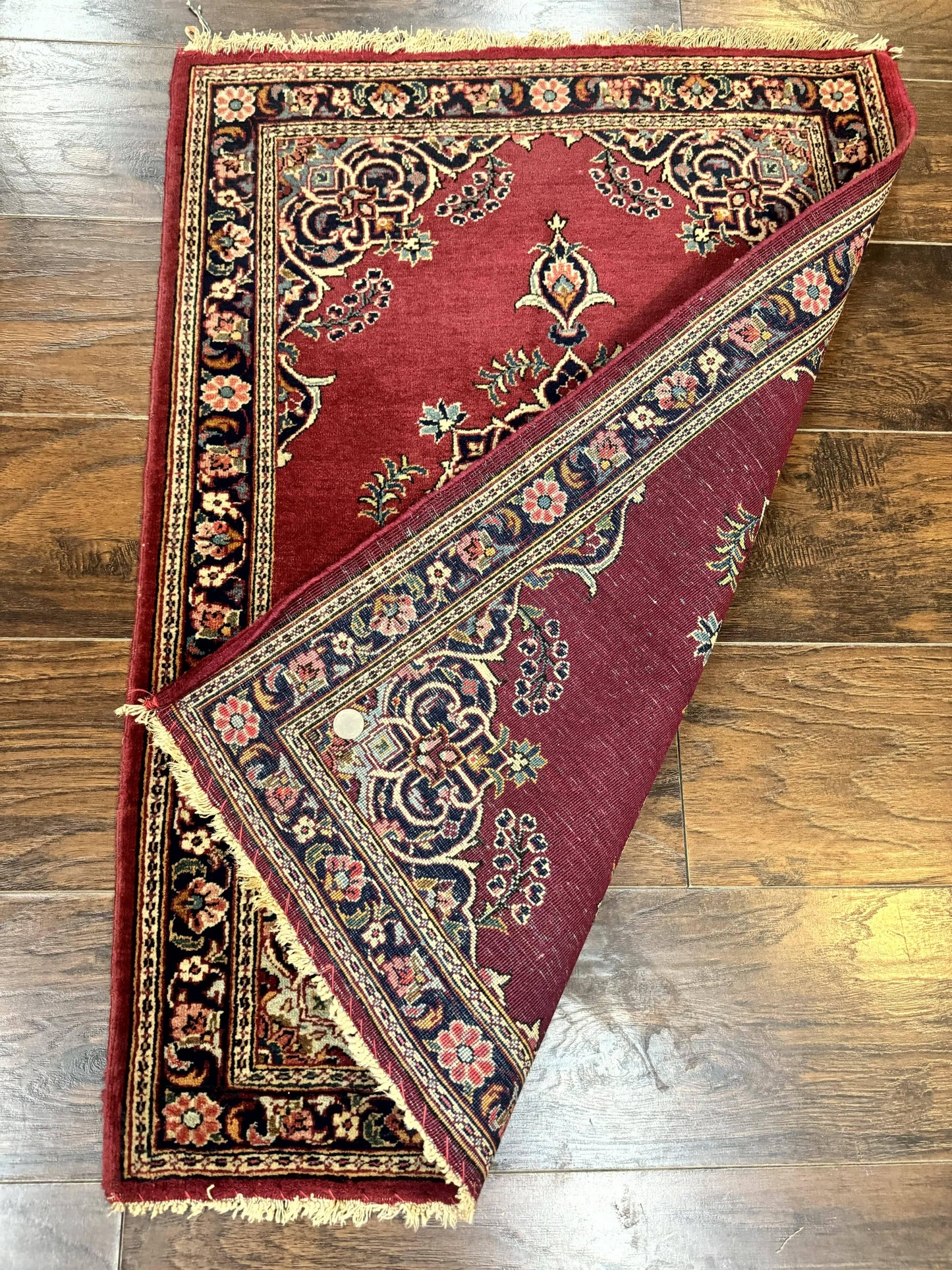 Persian Kashan Rug 2x3 Handmade Vintage Wool Semi Antique Red Navy Open Field