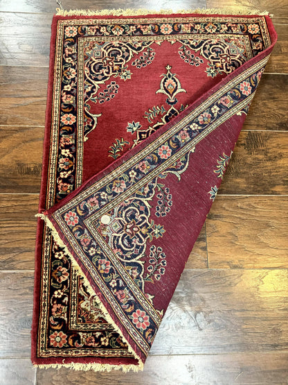 Persian Kashan Rug 2x3 Handmade Vintage Wool Semi Antique Red Navy Open Field