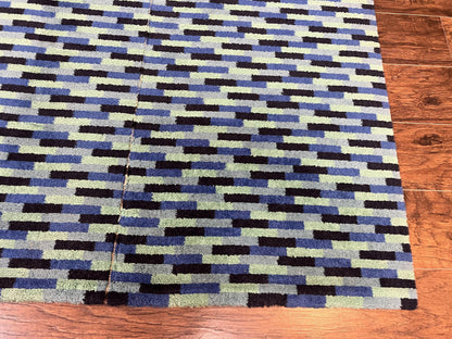 Wool Runner Rug Blue Multicolor Mosaic Design 4.7 x 12 Contemporary Power Loomed
