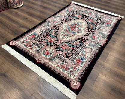 Aubusson Rug 4x6 Hand Knotted Wool Elegant European Floral Design Black Ivory Area Rug