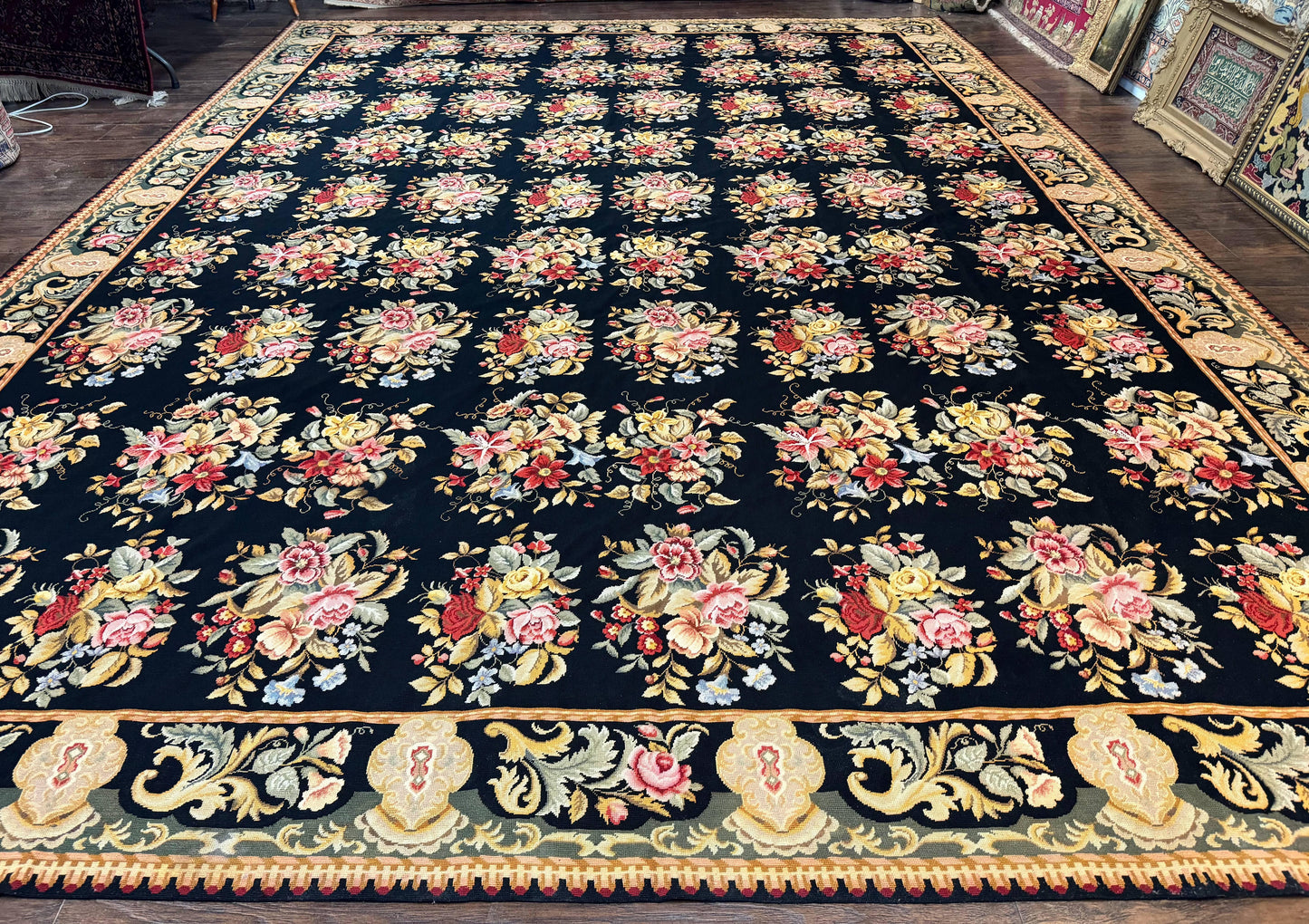 Palace Size Needlepoint Rug 12x16 Handmade Wool Floral Panel Black and Colorful