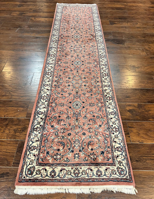 Indo Persian Runner Rug Hand Knotted Wool Floral Allover Pink Ivory Hallway Carpet