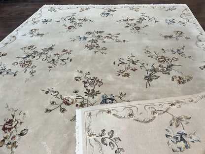 Handmade Chinese Aubusson Wool and Silk Rug 8x10 Vintage Beige Floral European Design
